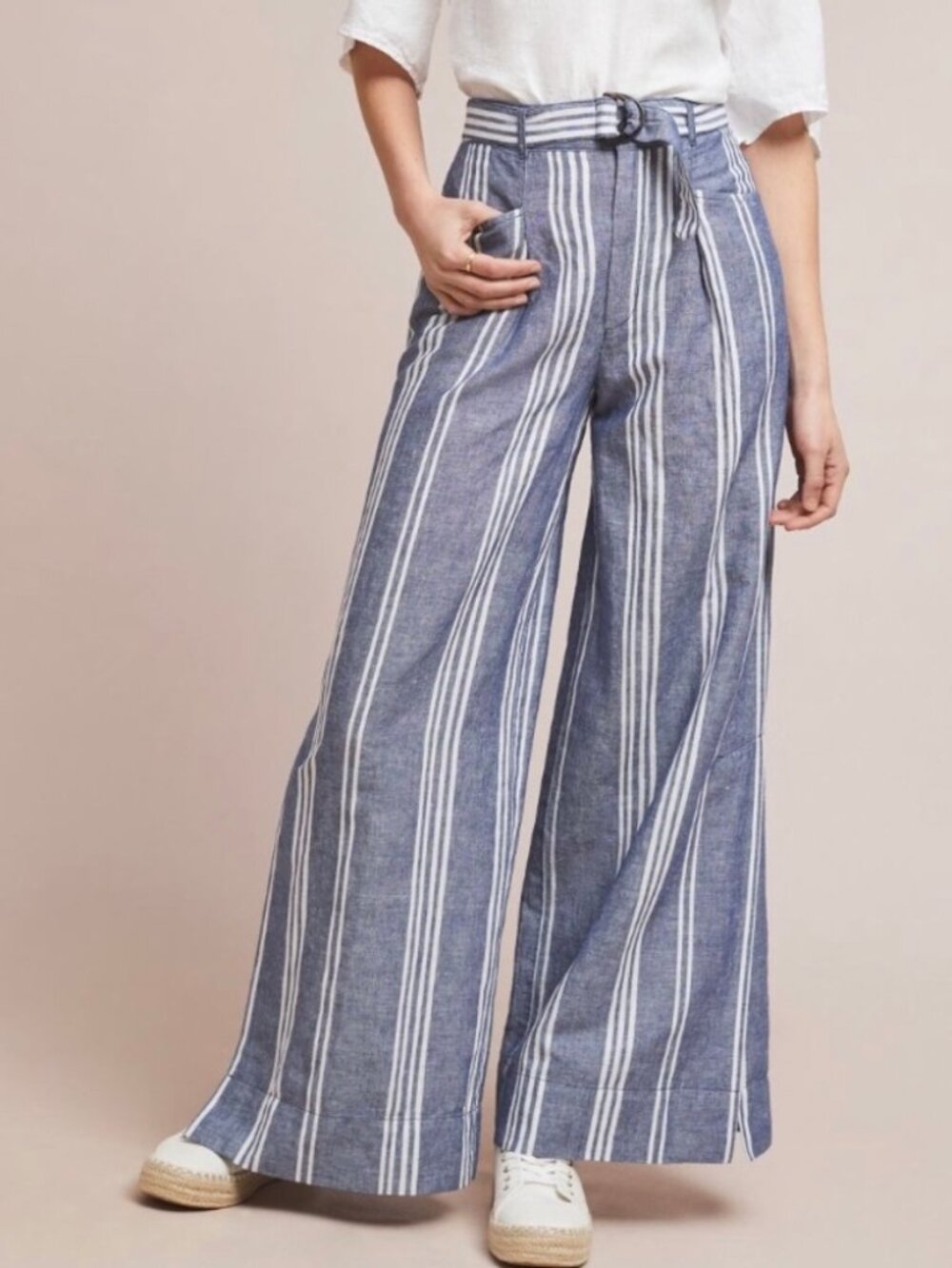 Anthropologie Blue Striped Linen Cotton Wide Leg Belted Pants Size 6